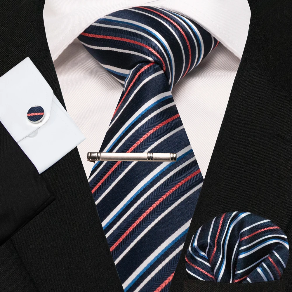 KAMBERFT Neue Klassische Seidenkrawatte für Herren Rot-Gold Gestreift Herrenkrawatte Taschentuch Manschettenknöpfe Set Hochzeit Business Party Gravatas – Detail 26