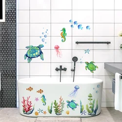 Cartoon Sea Turtle Seahorse Wall Stickers Kids Room Bathroom Decoration Mural Home Decor Self-adhesive Marine Animals Wallpaper