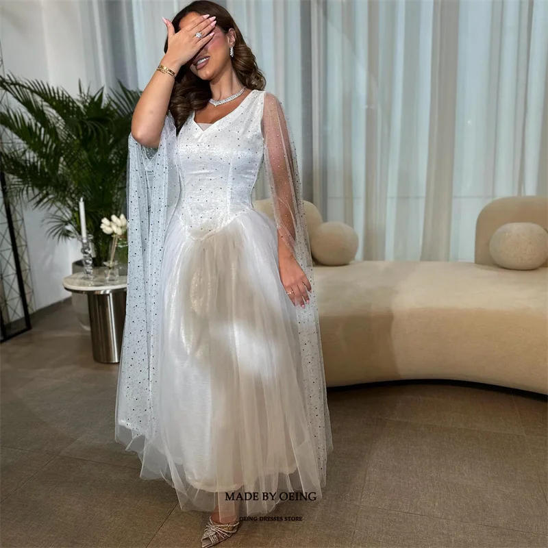 OEING Chic White V Neck Tulle Prom Dresses Tiered Pleated Evening Gowns Ankle Length Formal Occasion Dress Vestidos De Noche