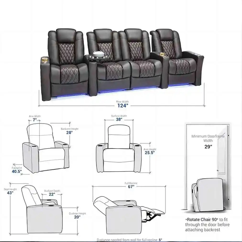 Dual Motors Electric Recliner Massage Chair Theater Living Room Sofa Functional Genuine Leather Couch Cinema Double Power Seats