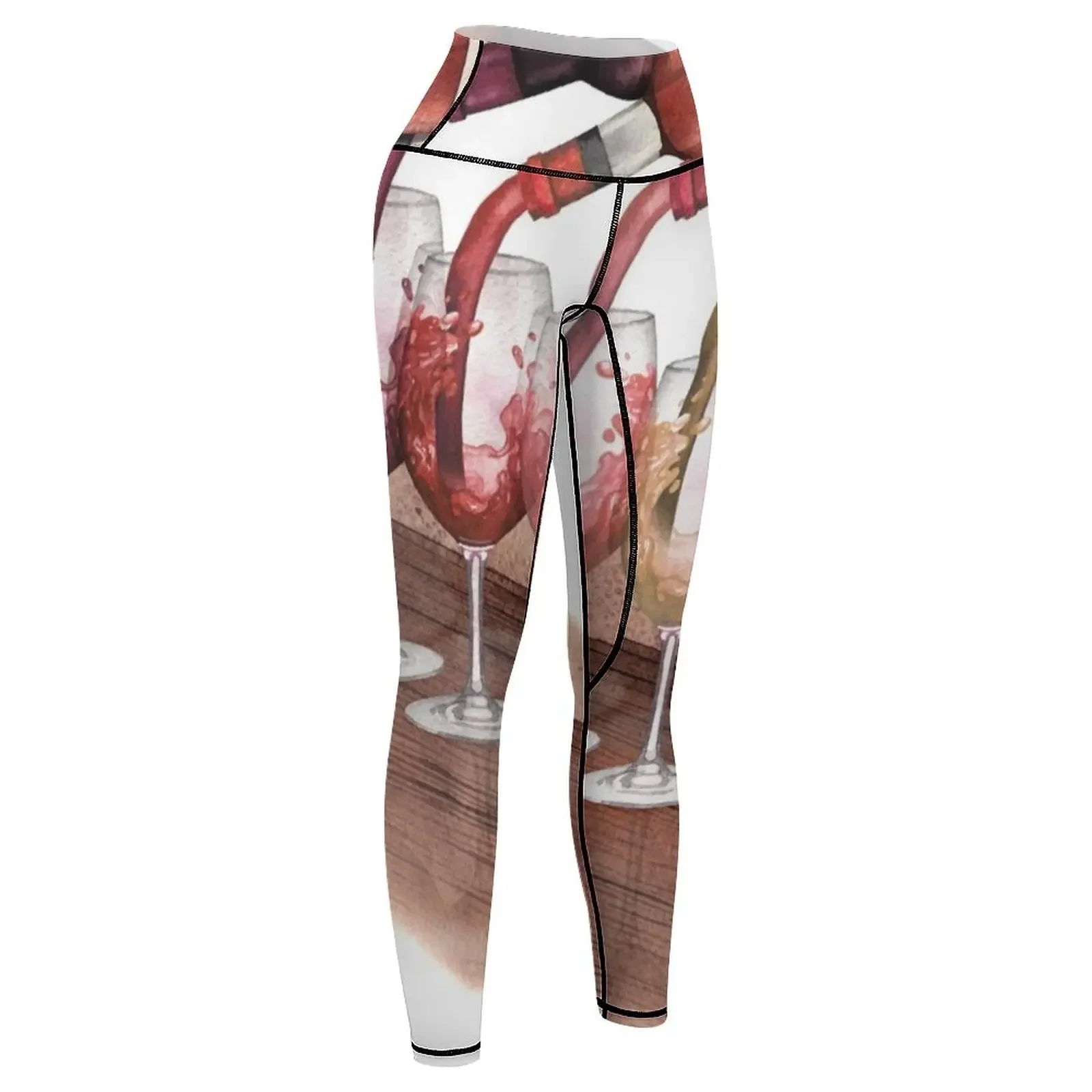 Watercolor red, white and rose wines pouring from bottles into glasses standing on a wooden table Leggings