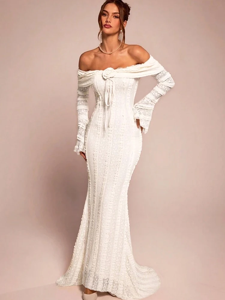 

Insglas Flared Sleeve 3d Flower Decoration Dress Women Slash Neck Off Shoulder See Through Hem Vacation Ruched Elegant Vestidos