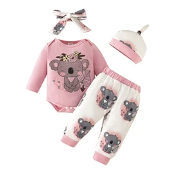 4PCS Baby Sets Newborn Baby Girl Clothes Long Sleeve Koala Prints Bodysuit Elastic Waist Pants 0-18 Months Infant Girl Costume