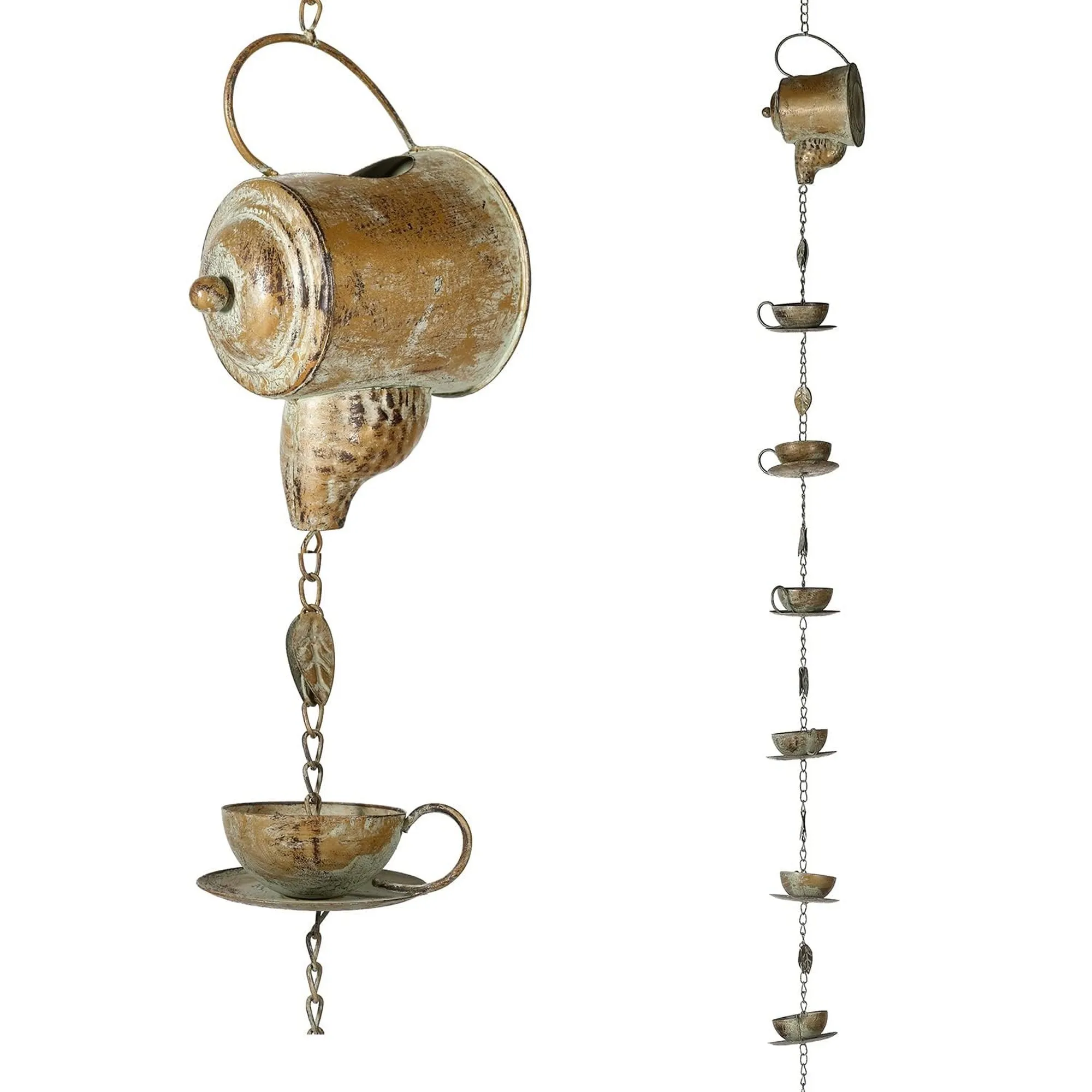 8.5 ft Copper Patina Teapot Teacup Rain Chain with Bell, Outdoor Decorative Gutter Downspout Replacement