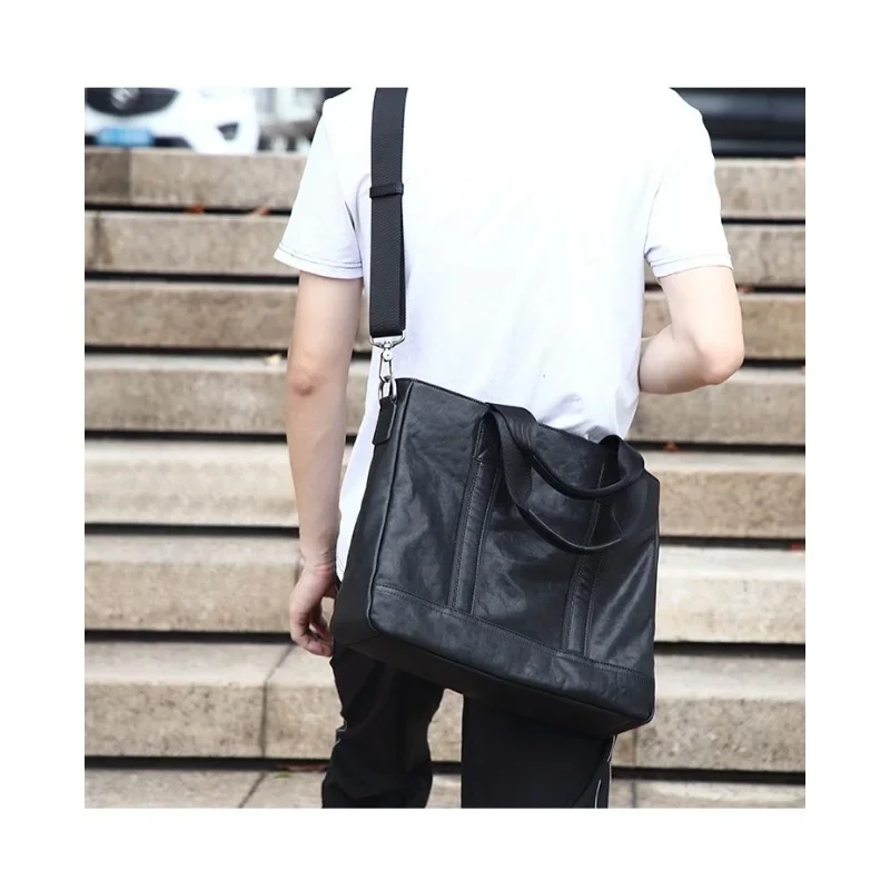 Borsa per computer per documenti da uomo in vera pelle, stile orizzontale per affari e tempo libero, borsa a mano di grande capacità in pelle bovina di primo strato.
