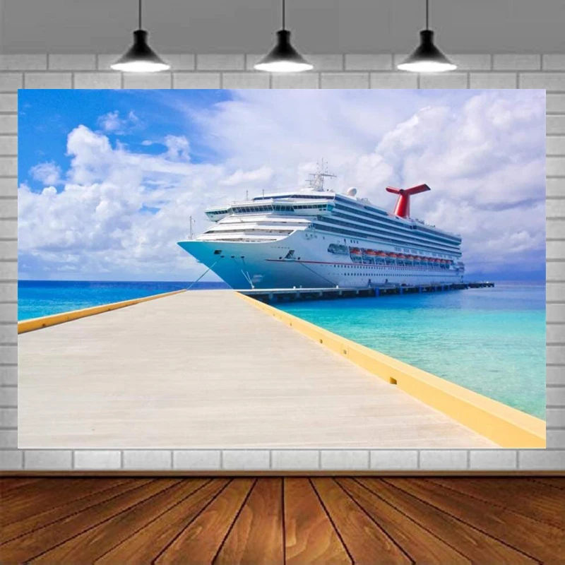 Cruise Ship Photography Backdrop Beautiful Sea Landscape Green Water Blue Sky White Clouds Wooden Plank Board Bridge Background