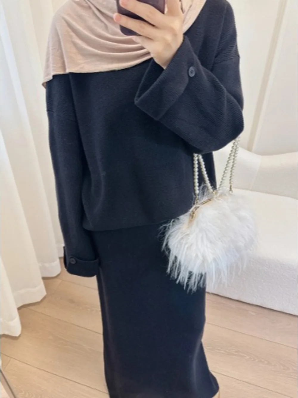 Eid Women Knit Sweater Skirt 2 Piece Set Muslim Sets Jumper Winter Solid Musulman Ensembles Ramadan Dubai Arab Long Robe Morocco