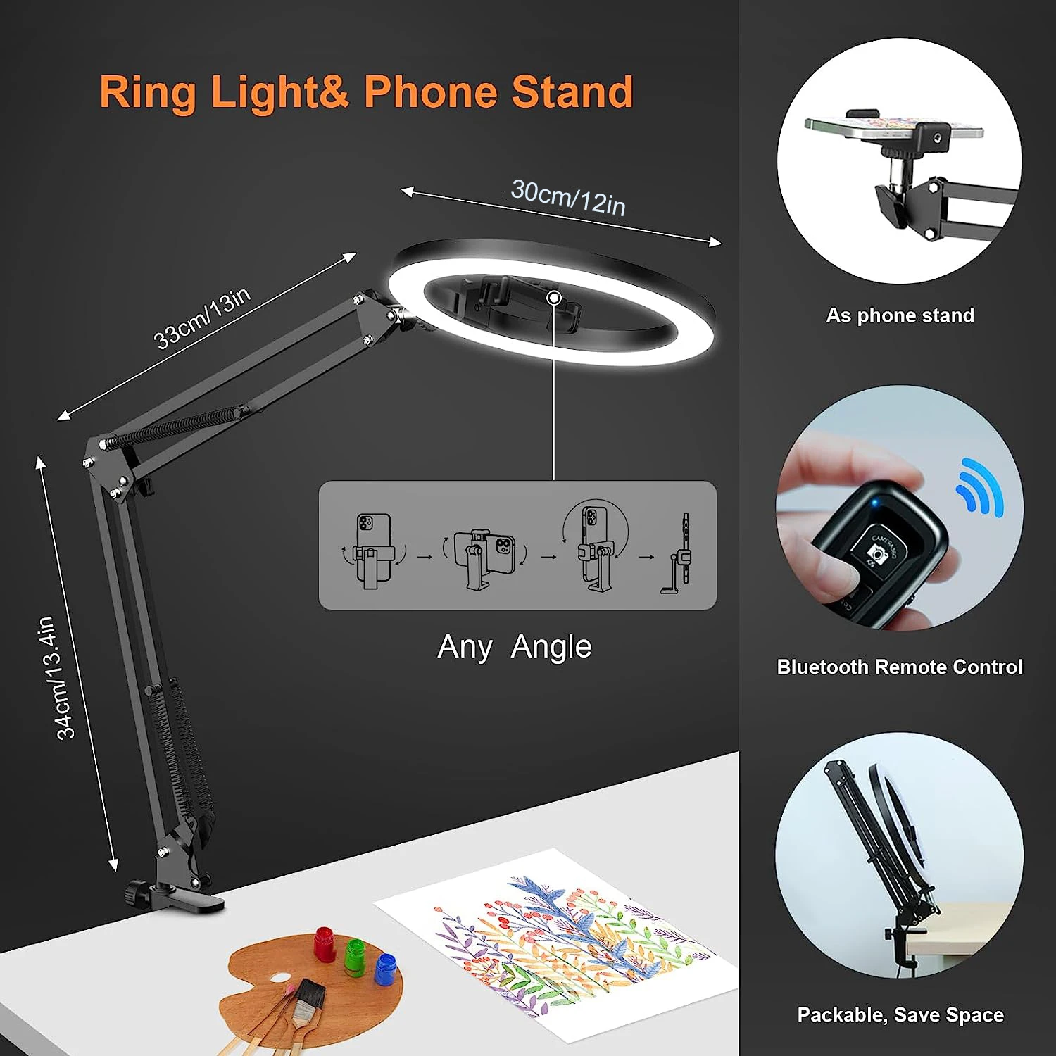 Camera Mount 30cm Ring Light and Phone Holder for Desk,Phone Mount Arm Stand with Remote for iPhone and Webcam,Overhead Tripod