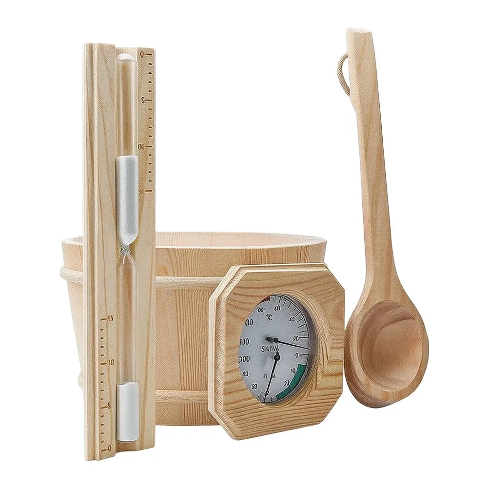 Sauna Room Spa Bath Relaxation Accessory Kit Premium 4 Piece Sauna Set With Pine Wood Tub Spoon Thermometer For Indoor Spa Use