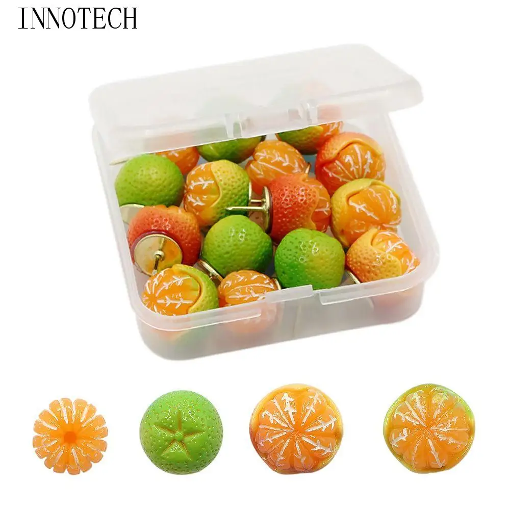 15 Uds. Chinchetas de fruta simuladas creativas portátiles 3D DIY chinchetas naranjas con caja tachuelas decorativas multifuncionales tablero de corcho