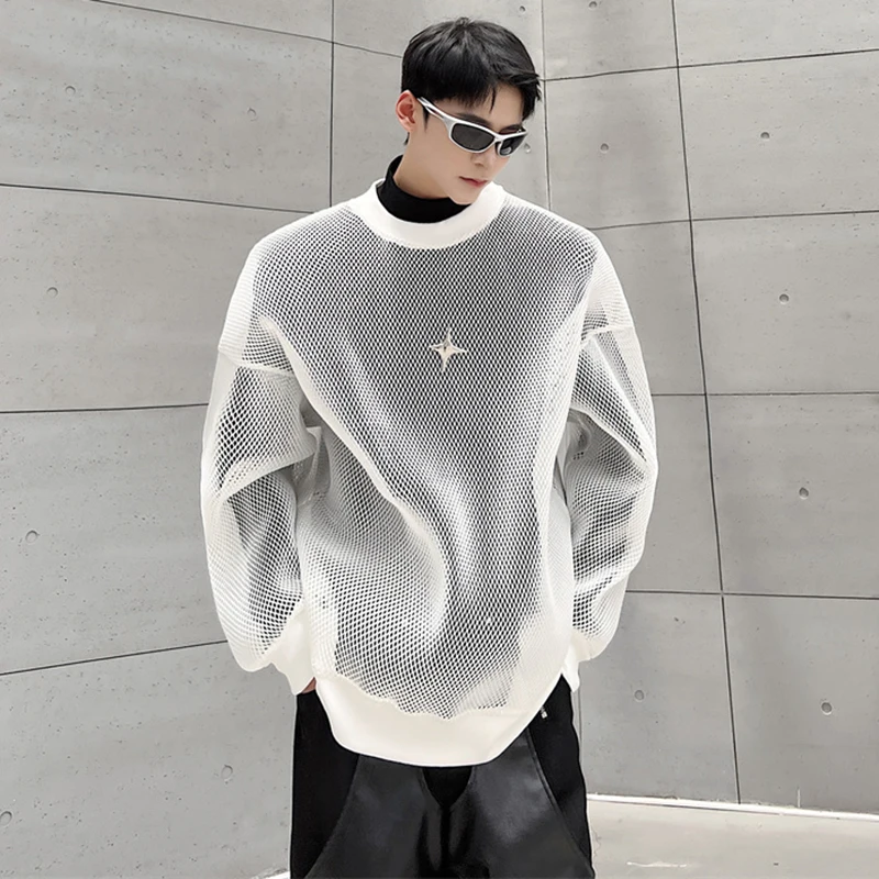 LUZHEN 2024 Autumn High Street Perspective Original Mesh Design Sweater Men\'s Fashion Metal Buckle Decorate Casual Tops LZ3027