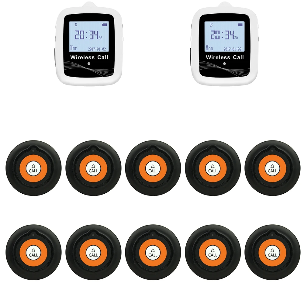 Wireless Restaurant Waiter Guest Calling System 10 Call Buttons 1 Belt Watch Receiver Pager for Hospital, Bar, Cafe, Salon