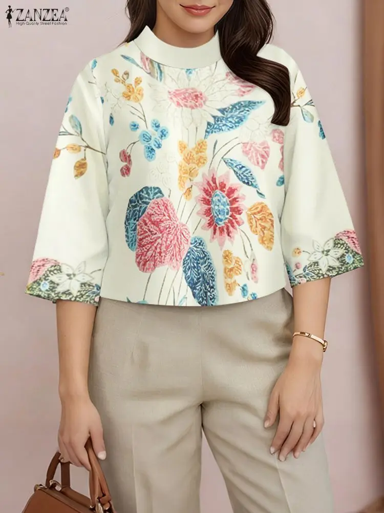 ZANZEA بلوزة بوهيمية مطبوعة بالزهور لخريف 2025 للسيدات بياقة واقفة 3/4 كم قمصان فضفاضة أنيقة تونك علوية كبيرة الحجم Blusa