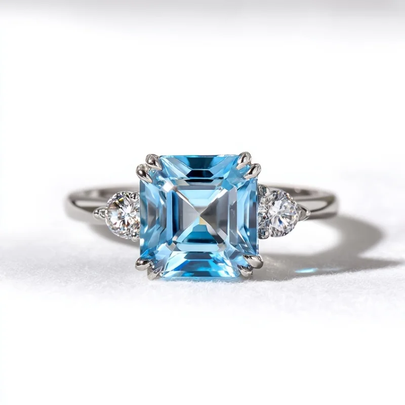 SGARIT Asscher Cut Sky Blue Topaz Women's Ring 925 Sterling Silver Natural Gemstone Engagement Fine Jewelry Ring