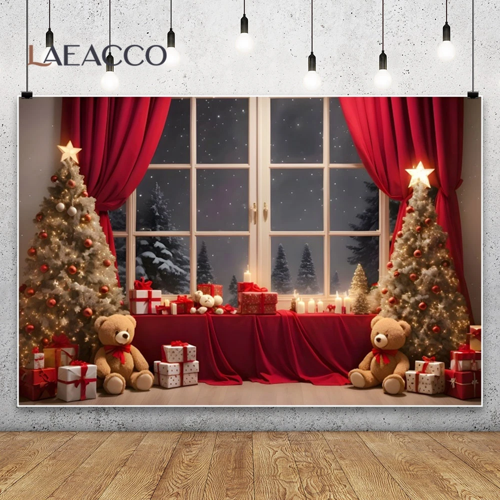 Merry Christmas Teddy Bear Doll Photography Background Xmas Tree Red Curtain Window Decor Kid Portrait Indoor Photocall Backdrop