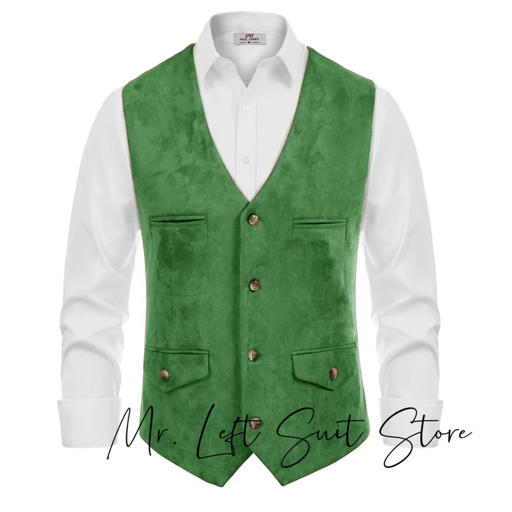 Fashion V-neck Men's Suede Leather Suit Vest Casual Western Vest   placket sleeveless jacket Formal Sleeveless Waistcoat