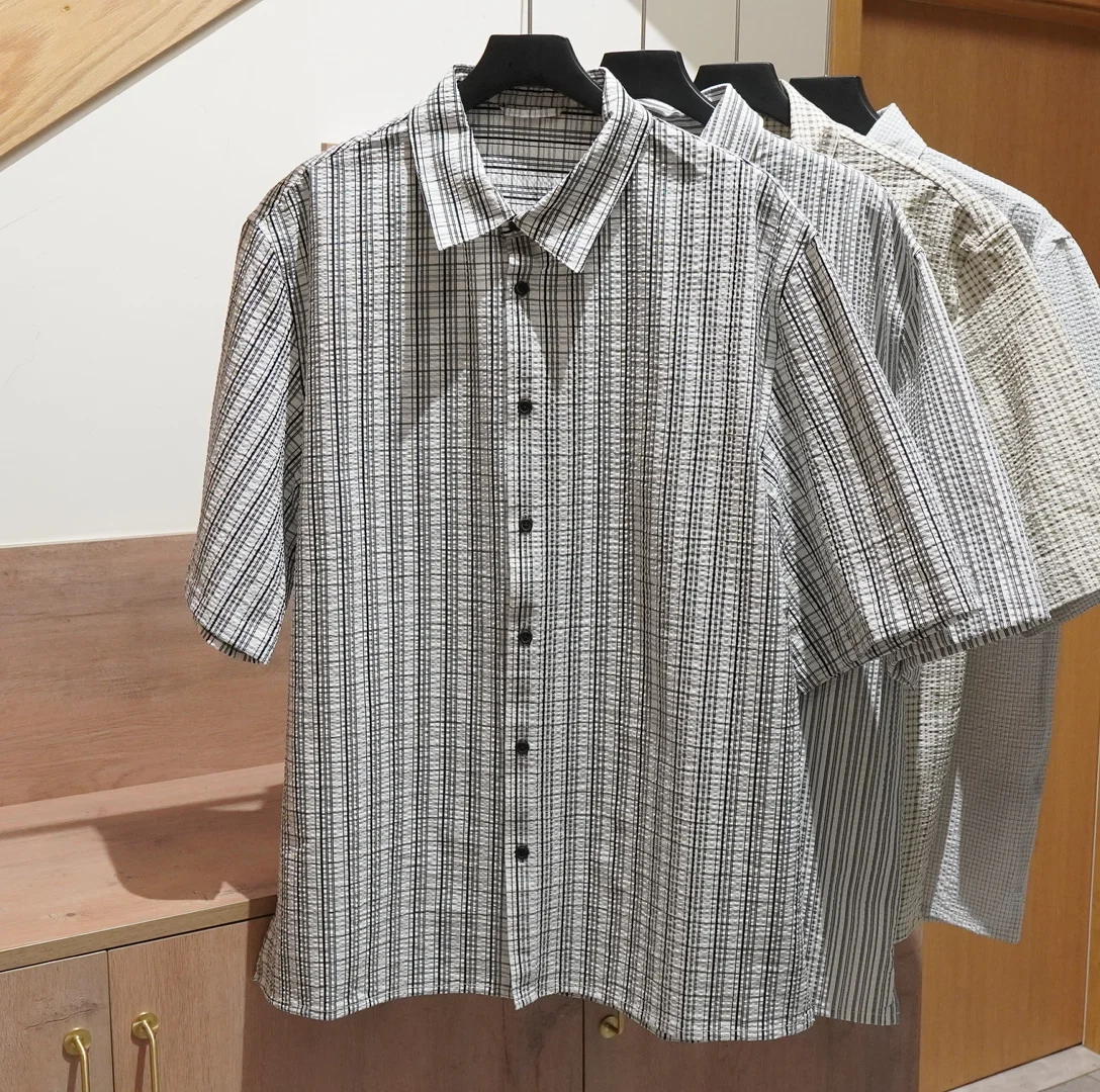 

Модный мужской новый клетчатый топ из хлопкового хлопка, быстросохнущая свободная рубашка против морщин, рубашка с короткими рукавами