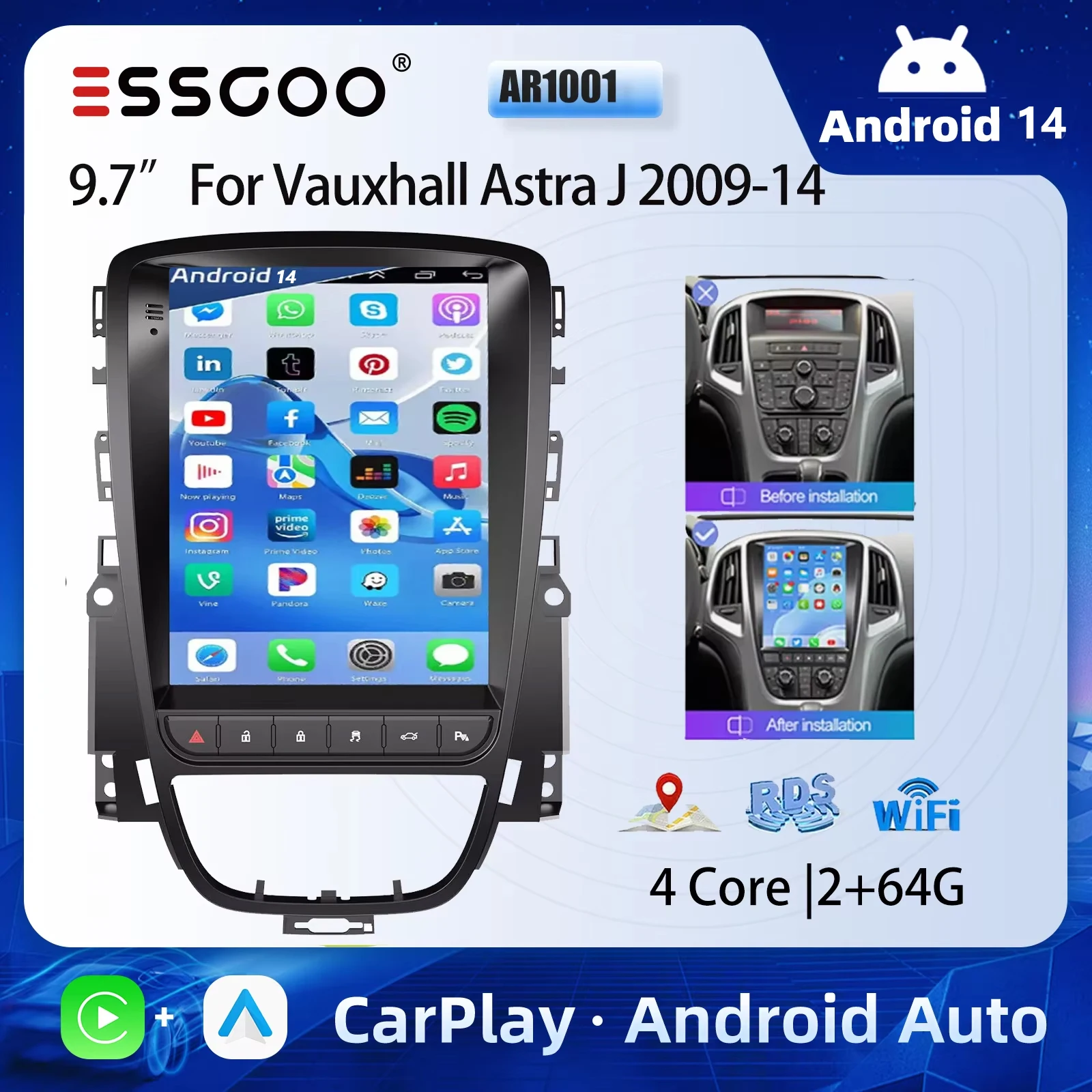 ESSGOO 2 DIN Autoradio 9.7" CarPlay Android 13 2+64G GPS Navigation für Opel Astra J 2009-2014 Buick Excelle Verano Multimedia Video Player FM/RDS WiFi BT