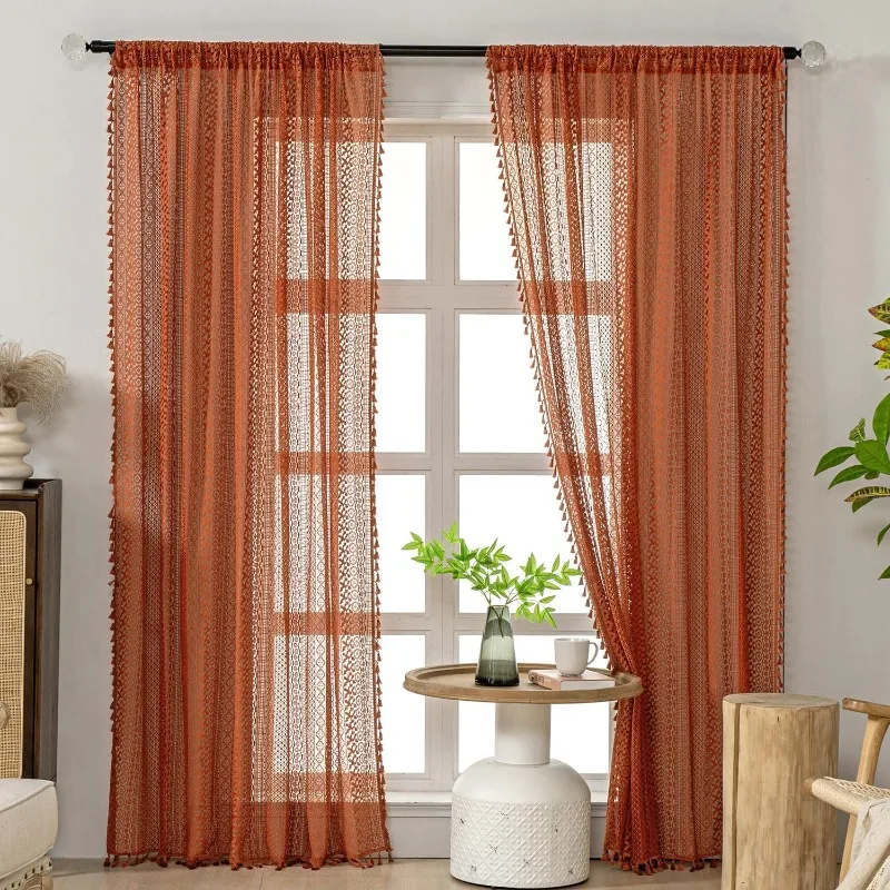 Burnt Orange Sheer Curtains 84 Inches Long Rod Pocket Cotton Crochet Lace  2 Panel Rustic Rust Light Filtering Pack of 2