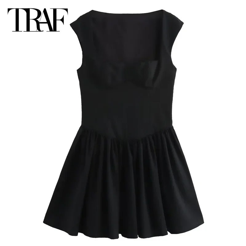 Traf mini vestido com babados vestido feminino preto vestidos curtos plissados sem mangas gola quadrada vestidos elegantes vestidos de festa mulher