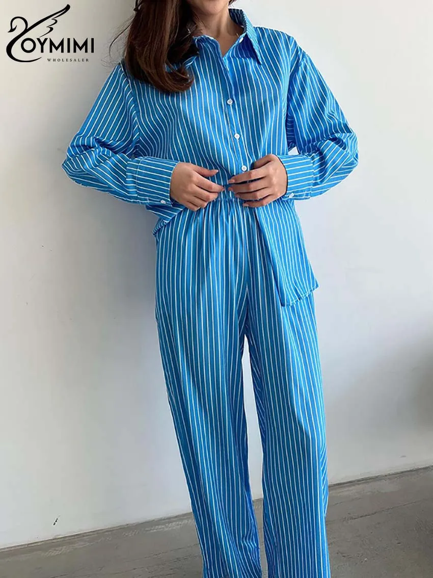 Oymimi-Ensemble deux pièces imprimé bleu pour femme, chemise boutonnée élégante à manches longues et revers, vêtements FJSets droits taille haute, mode