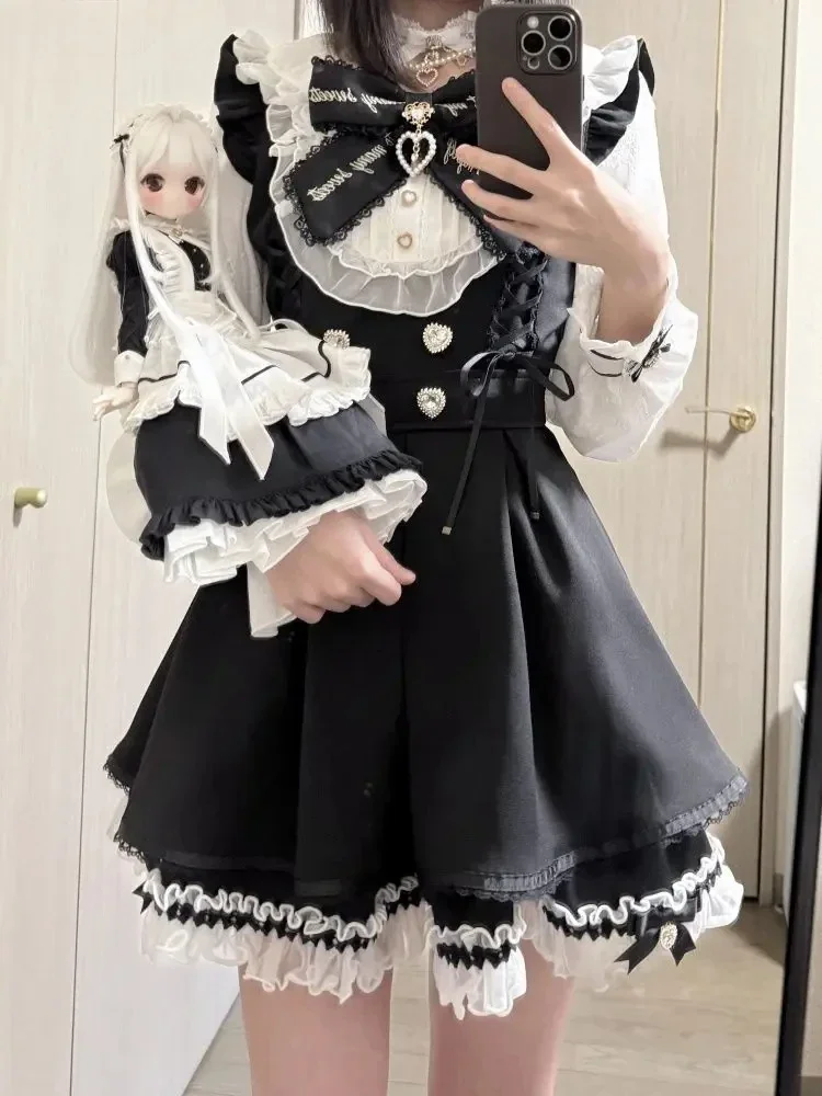 Japanese Y2 Aesthetics Vintage Bow Dress Shorts Set Women Gothic Lolita Style Long Sleeve Shirt Dress Elegant Party Dress Suits