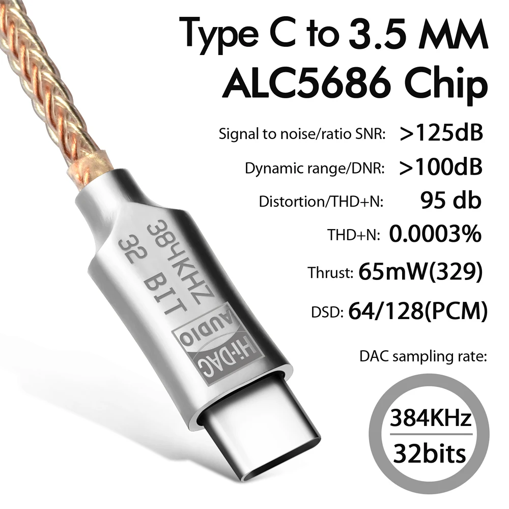 Decodificação de áudio digital portátil, USB tipo C para 3,5mm para USB C, Hifi DAC, ALC5686
