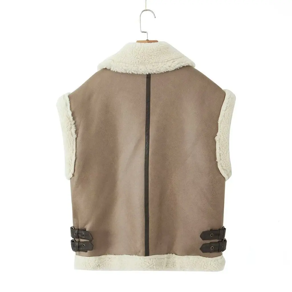 เสื้อกั๊กขนสัตว์ผู้หญิงสำหรับฤดูใบไม้ร่วงและฤดูหนาว สไตล์อเมริกันย้อนยุค ขนแกะ ทรงหลวม ซิปหนังกลับ เสื้อโค้ทหนา เสื้อแจ็คเก็ต