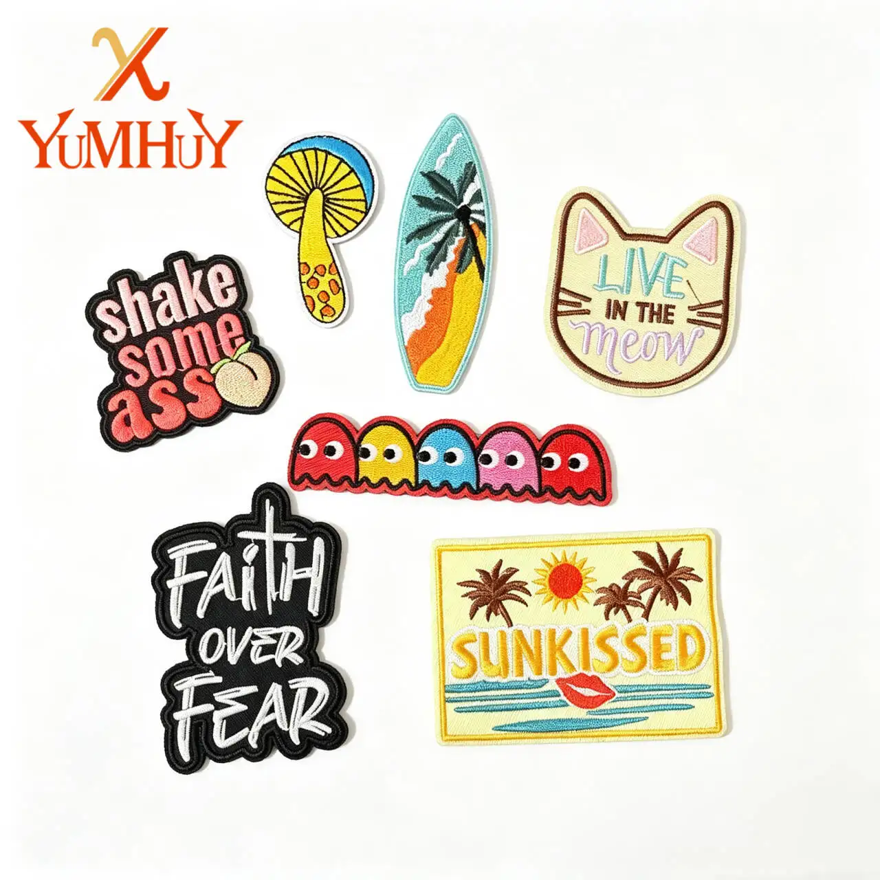 Mixed Cute Embroidered Iron On Patches 8Pcs Set Cartoon Letter Beach Pattern Sew On Applique for Clothing Jacket Backpack DIY De