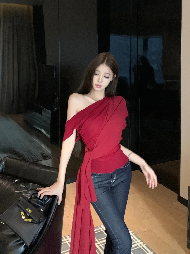 Ele round Ne Acetate Knit Top oulder Bared Draped Decoration رومانسي متعدد الاتجاهات ملابس صيفية رفيعة للغاية ort Sve