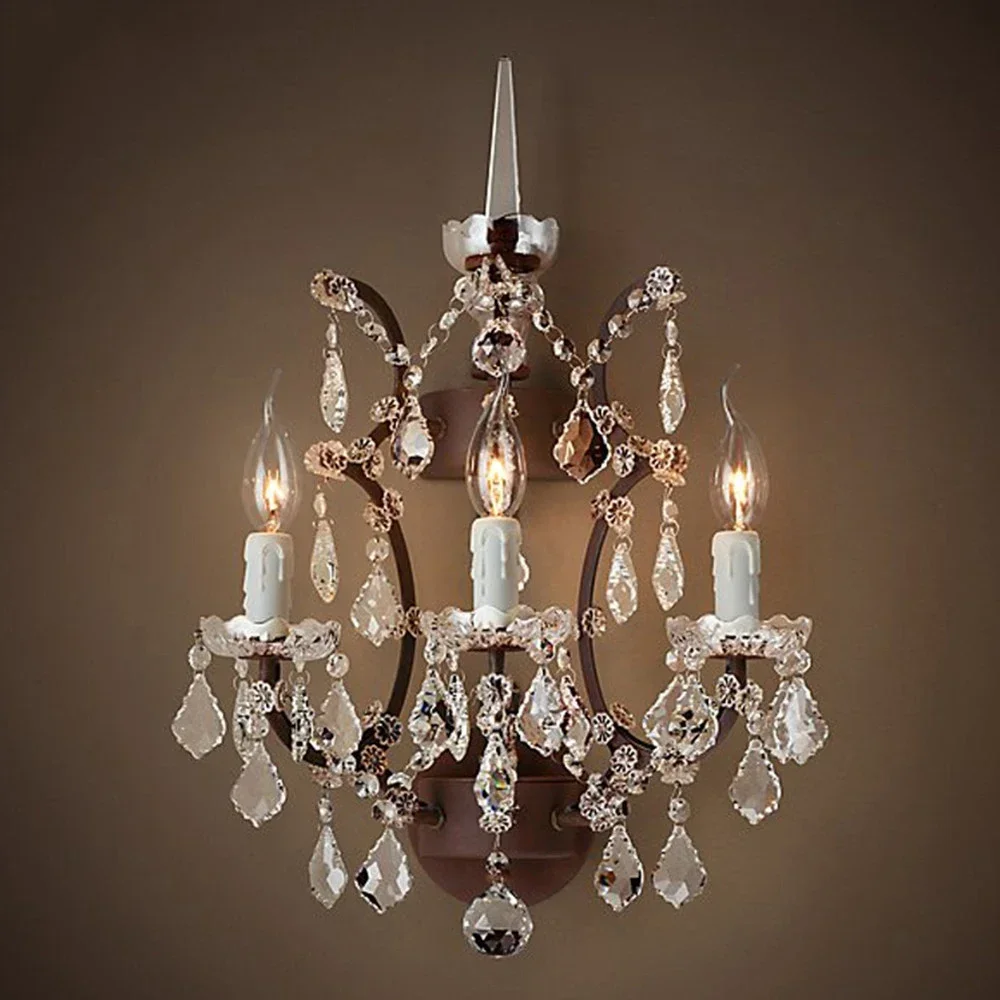 Exquisite Style Log House Crystal Sconce Wall Decor LED Clear Smoke Crystal Chandelier Vintage Rustic Black Foyer Light Fixture