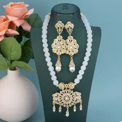 Sunspicems Fashion Arabic Women Beads Choker Necklace Long Drop Earring Morocc Bridal Jewelry Set Gold Color Tassels Pendant