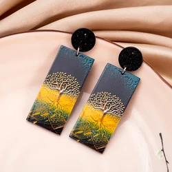 New Fashion Christmas Style Gold Color Tree Of Life Relievo Printing Acrylic Vintage Earrings For Women Elegant Girls Jewelry