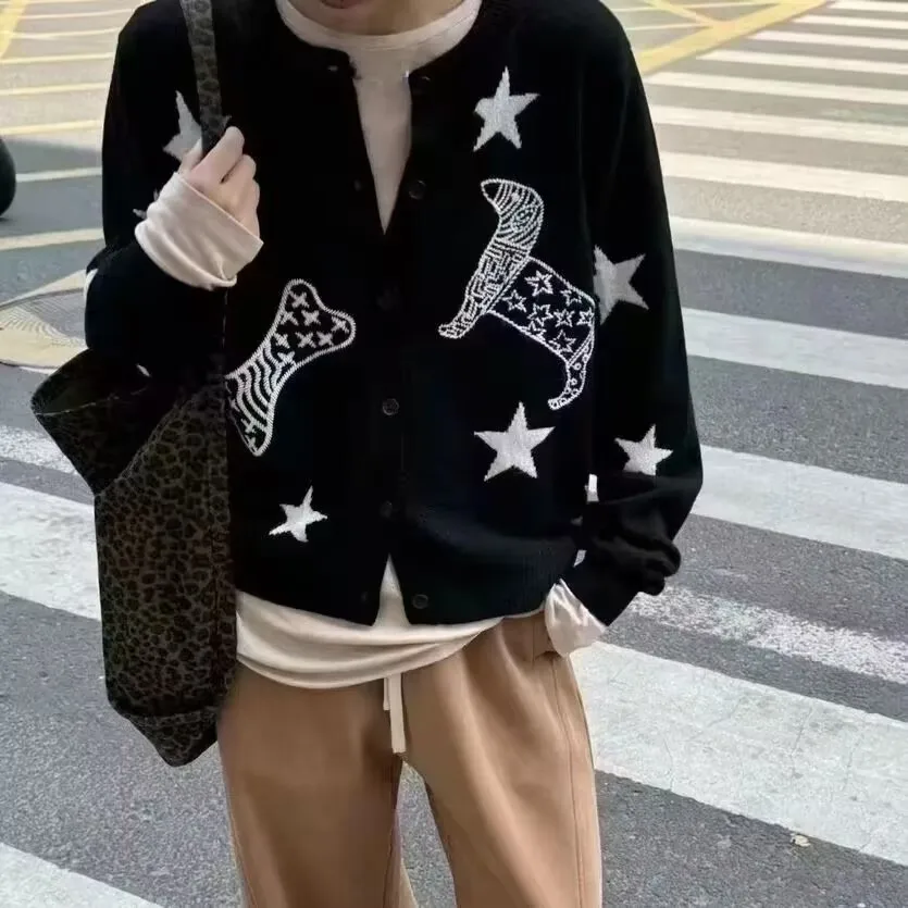 

Jacquard Sweater Knitted Cardigan For Women 2025 Winter Knitwear Buttons Down Single-Breasted Star Pattern Fashion Casual Tops