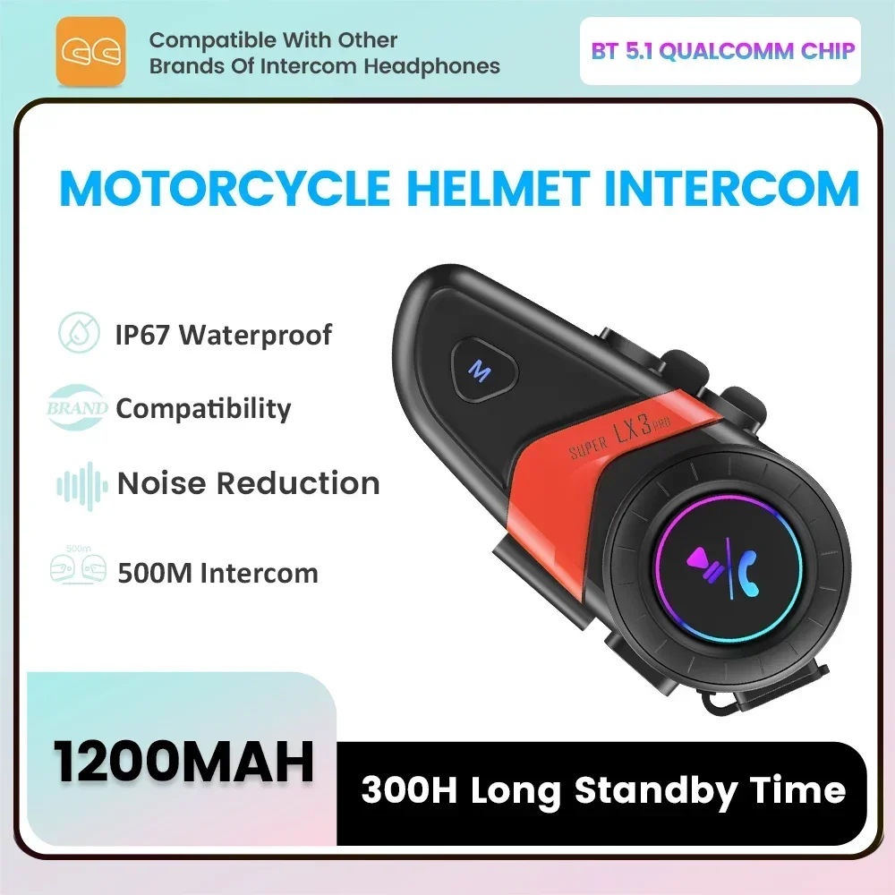 

Motorcycle Intercom Helmet Headset BT5.1 Qualcomm IPX7 Waterproof Moto Earphone 1200mAh Battery Speaker 500m Intercom Distance