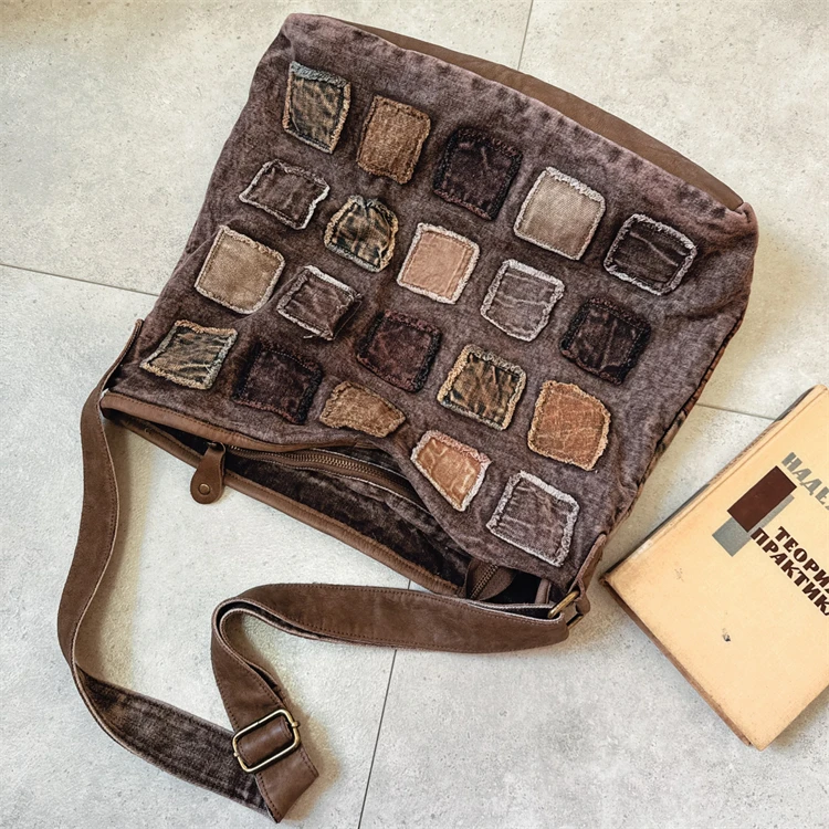 

2025 Vintage Tanned Cowhide Denim Spliced Large Capacity Women Bag With Personalized High-end Feel And Diagonal Cross Bag Trendy