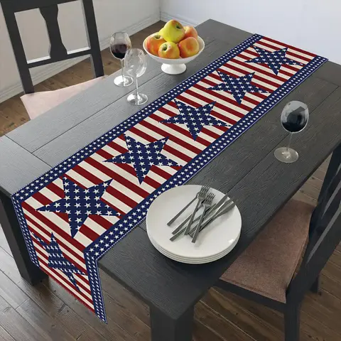 1pc Table Runner, Blue And White Stars Pattern Independence Day 4th Of July Theme Table Mats, Patriotic Kitchen Party Decor