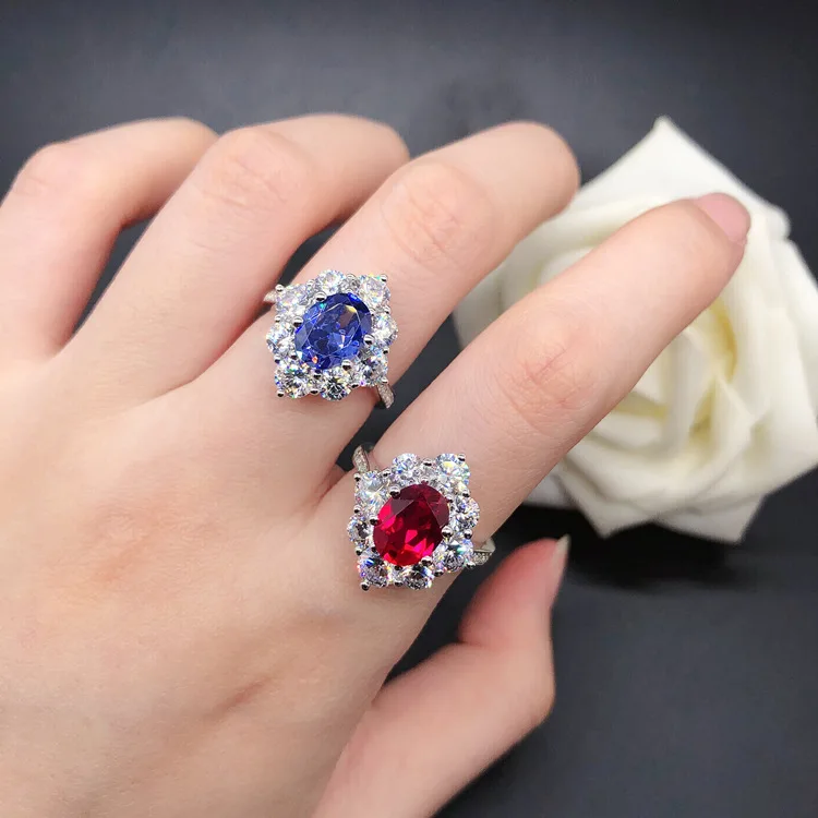 Womens PT950 platinum ring 2 carat colored diamond egg-shaped ring special-shaped ruby ​​high carbon diamond ring