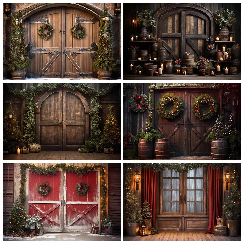 

MOON.QG Christmas Decorations Backdrops Wooden Warehouse Door Wreath Backgrounds Child Photography Props Accessories Photozone