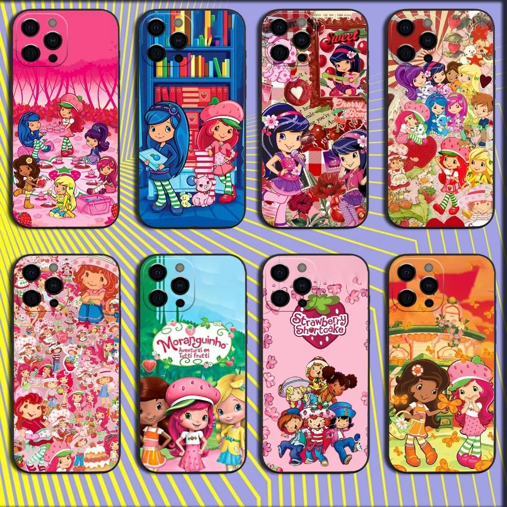 S-Strawberry Cute S-Shortcak Phone Case For iPhone 16,15,14,13,12,11,Pro,X,XS,Max,XR,Plus,Mini Soft Black Cover