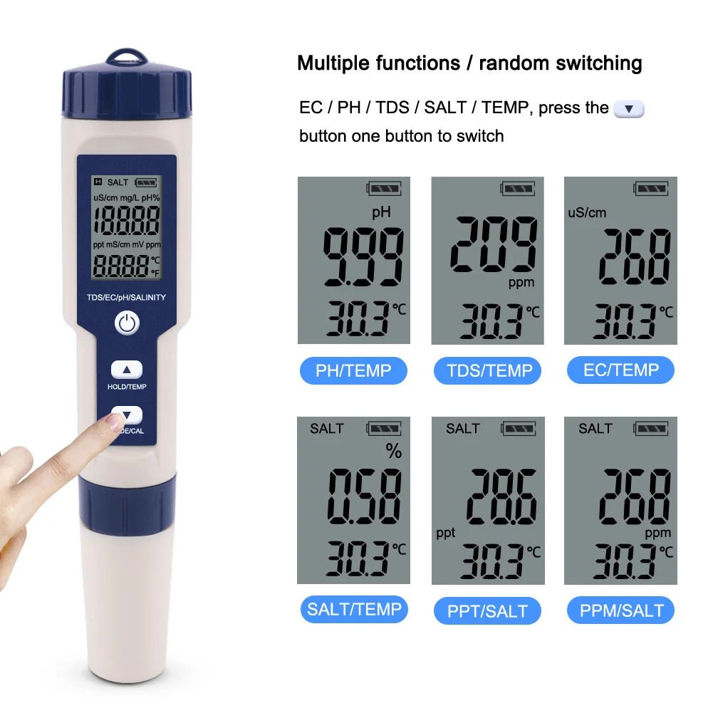 EZ9909 Portable digital Water Quality Meter PH Meter Pen type PH EC TDS Temp Salinity water testing Pool Spa Drinking Aquariums