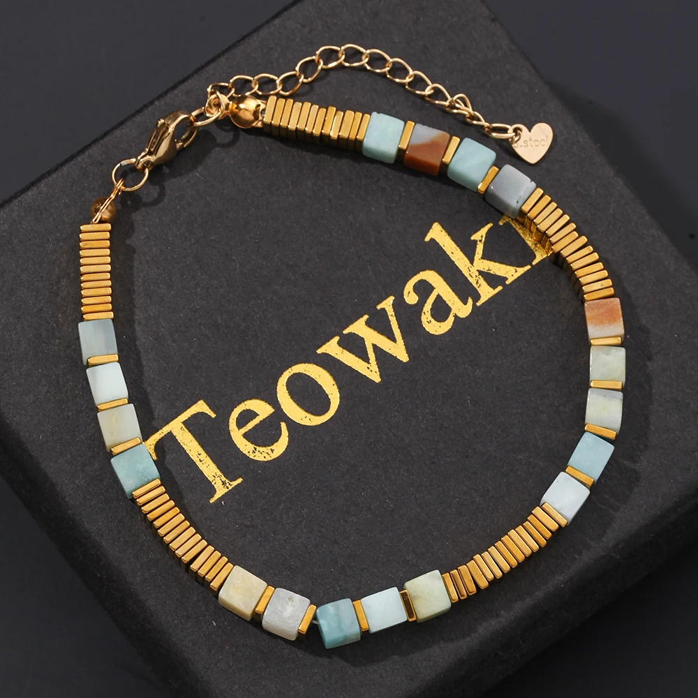 TeoWaki Adjustable Natural Square Stone Bracelet Golden Plated Hematite Daily Stackable For Men Women Party Birthday Gift17‑22cm