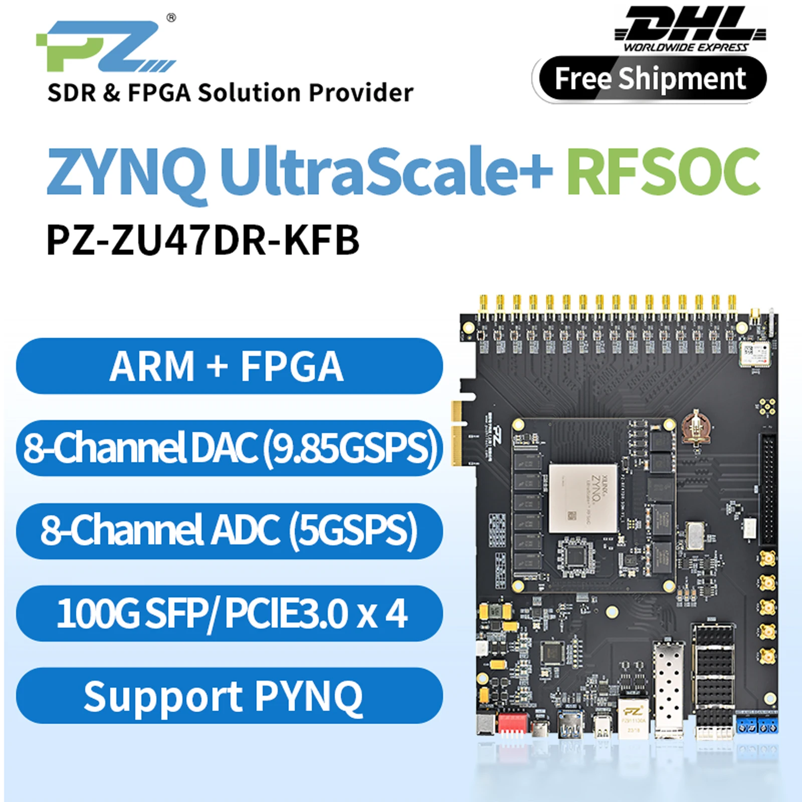 Puzhi PZ-ZU47DR-KFB FPGA Development Board Xilinx ZYNQ UltraScale+ RFSOC XCZU47DR ADC 14bit 5Gsps DAC 14bit 9.85Gsps