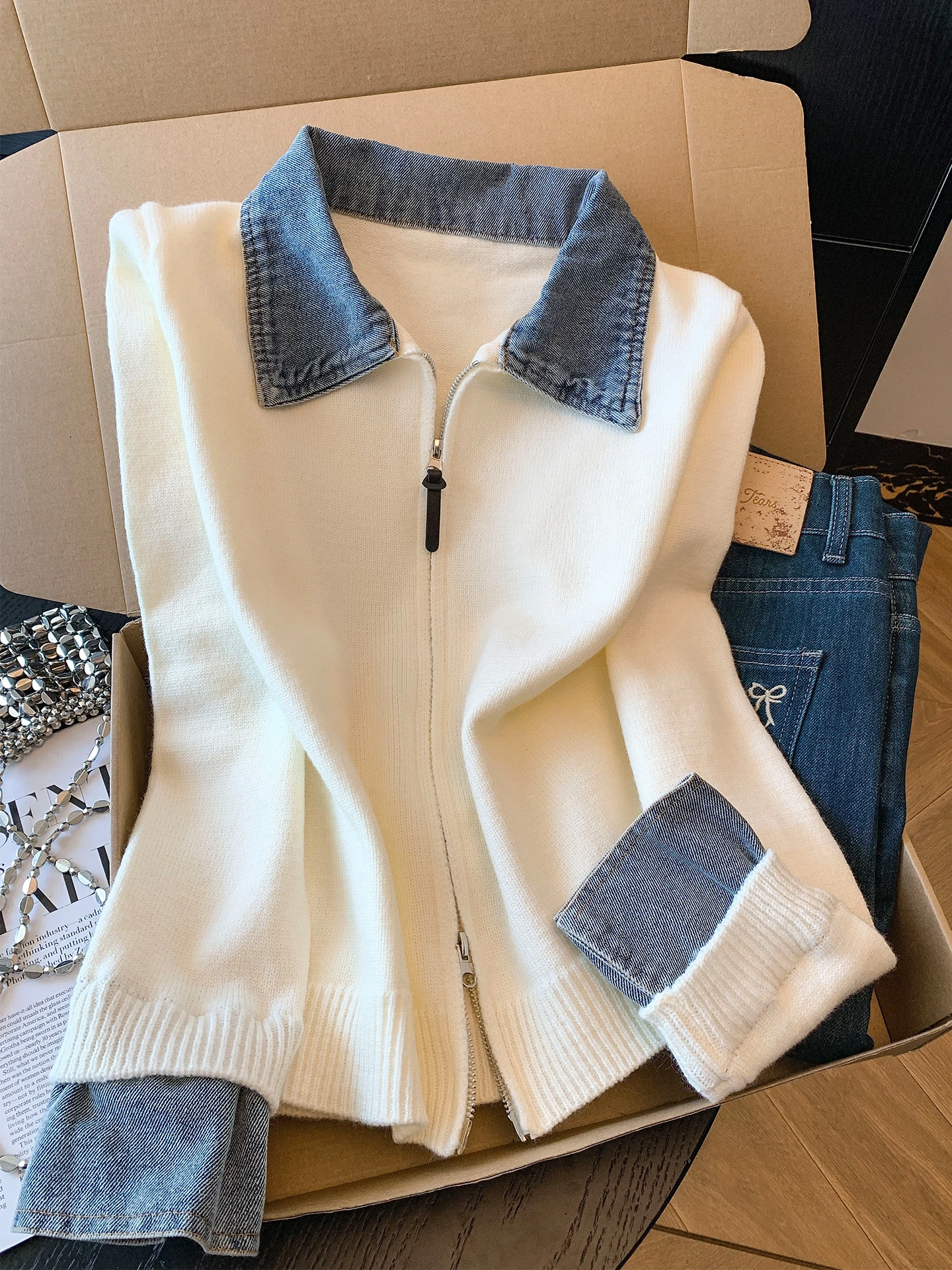 

Ретро Гонконгский вязаный свитер с воротником-стойкой, кардиган, женский зимний облегающий длинный свек, джинсовый лоскутный трикотаж