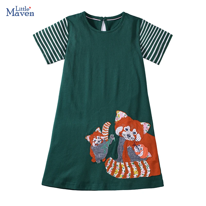 Little maven 2025 Summer Children's Clothing Baby Girls Cotton Kids Clothes Cartoon Embroidery Raccoon Dresses Birthday Gifts