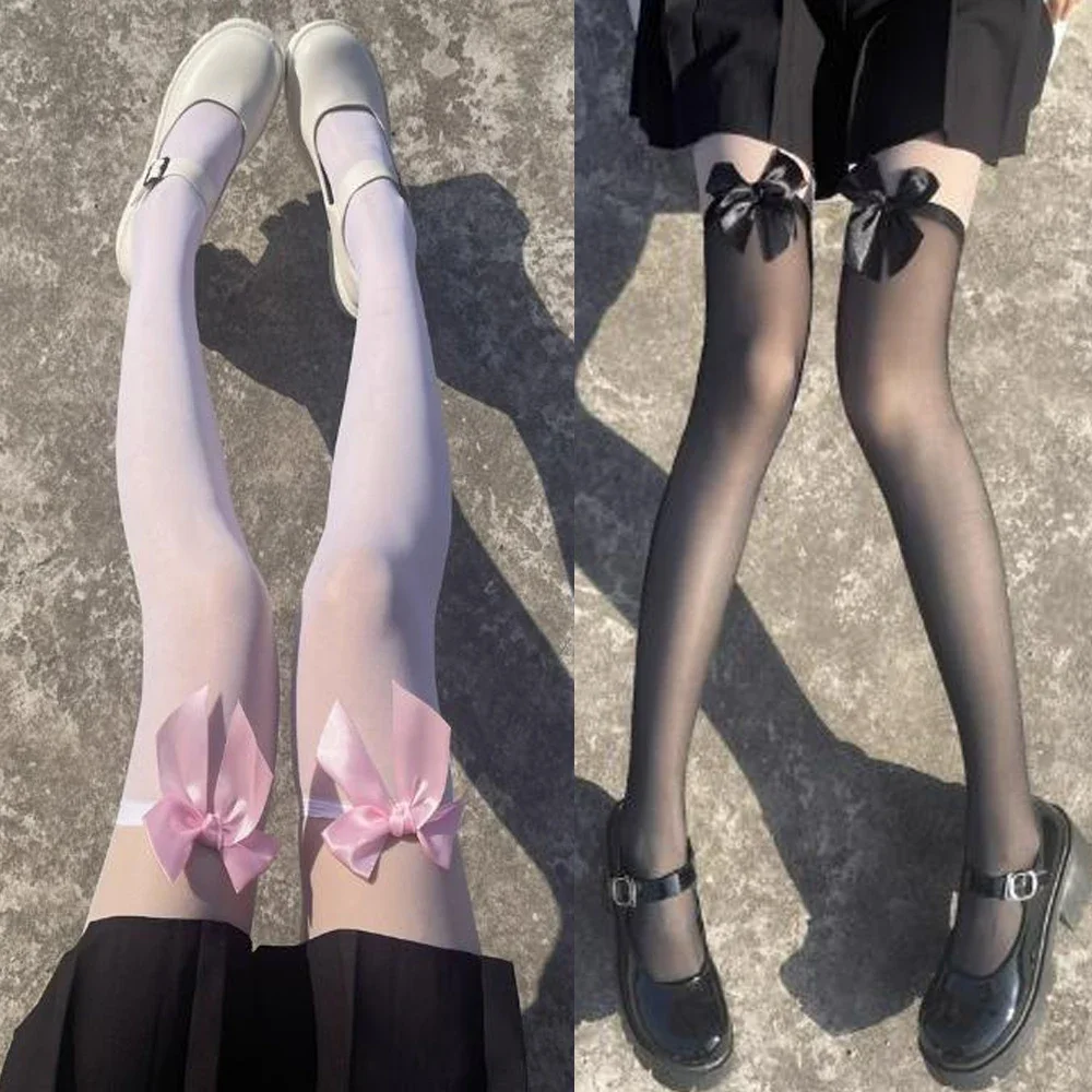 Pink Bow Sexy Stockings Bowknot Women Over Knee Socks Lace Lolita High Tube Silk White Lace Stockings Japanese High Socks Thigh