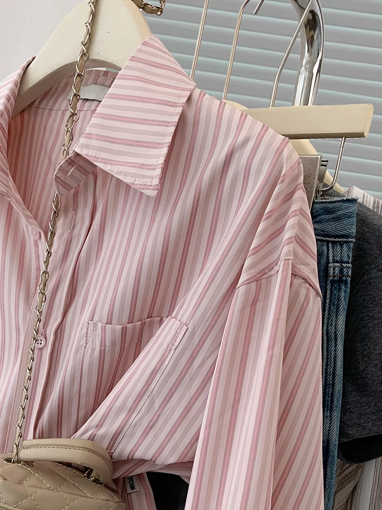 Women Pink Striped Print Button Up Shirt Harajuku Vintage Simple Casual Lapel Blouse Long Sleeve Loose Tops