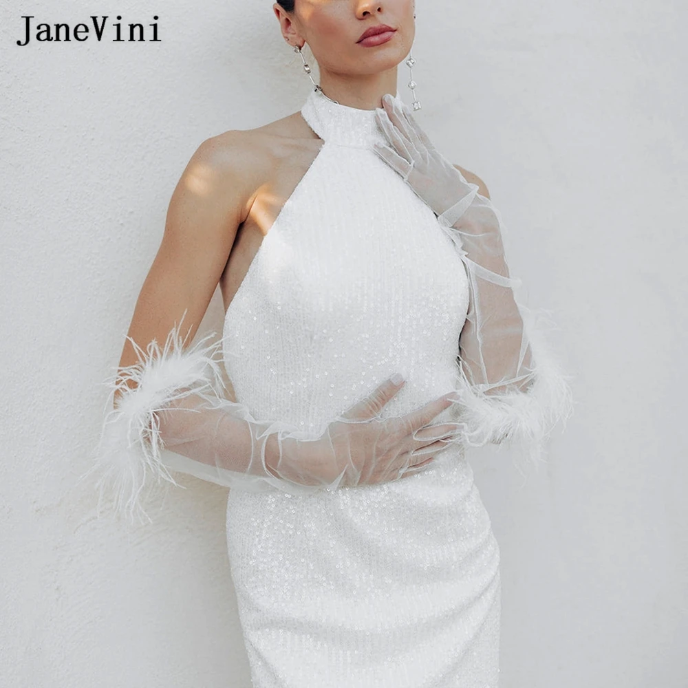 JaneVini Fashion White Wedding Glove with Feathers Tulle Elbow Length Gloves 50cm Long Bridal Gloves Wedding Dress Accessories