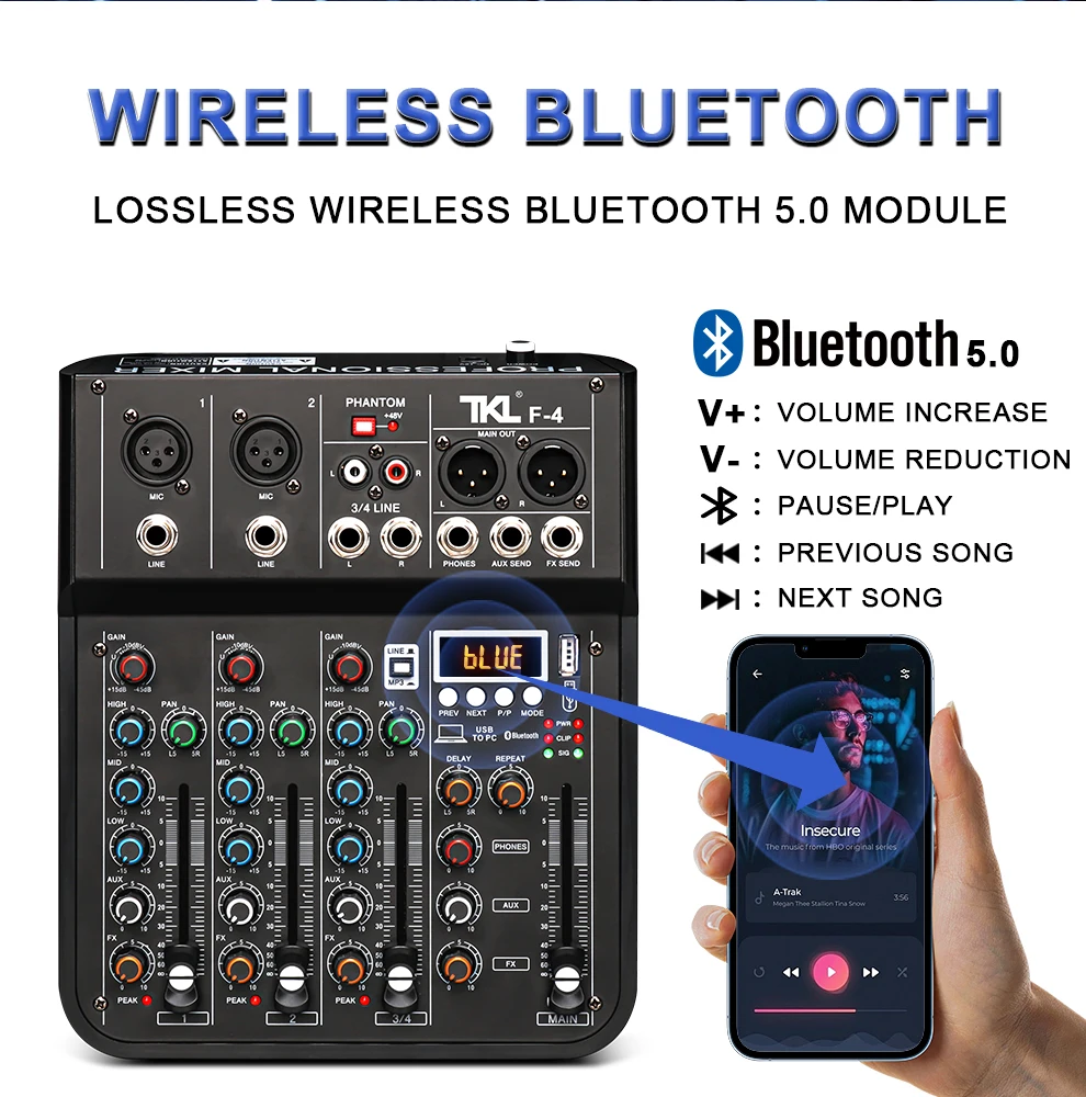 وحدة تحكم خلط الصوت الرقمية المحمولة ، وحدة تحكم دي جي احترافية ، 4 قنوات ، 48 فولت ، USB ، بلوتوث ، مسرح منزلي