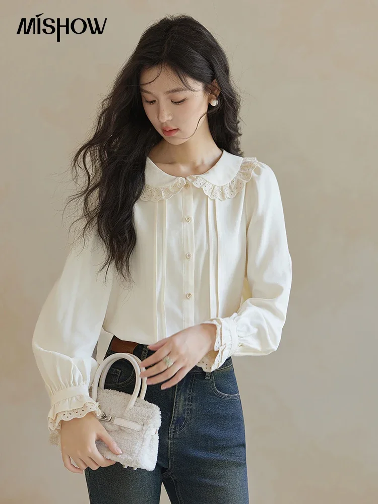 MISHOW French Corduroy Shirt Women 2024 Fall Winter New Design Senior Elegant Peter Pan Collar Long Sleeved Blouse MXD34X1669